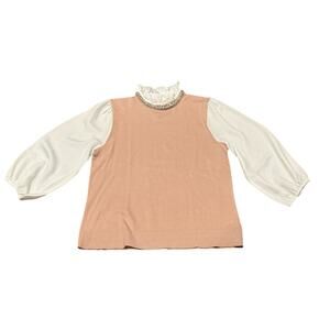NWOT Cable & Gauge Women's Large Ruffle neck pink sweater blouse top Cottage